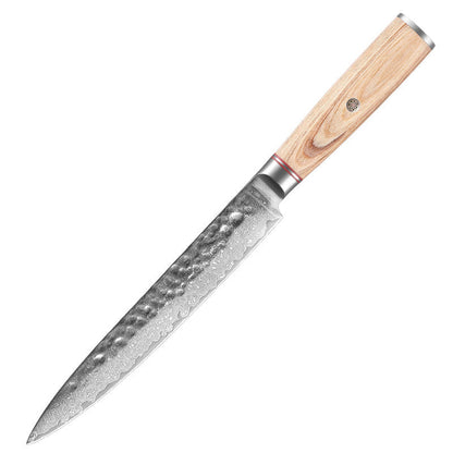 damascus steel slicing knife from japanese knife set on white background