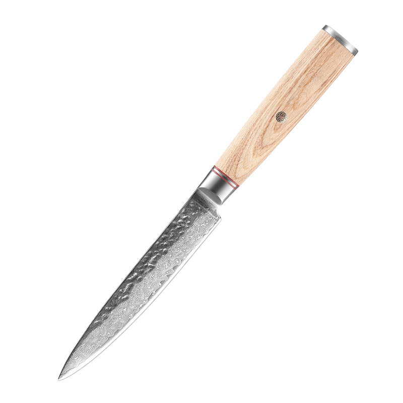 damascus steel utility knife from japanese knife set on white background