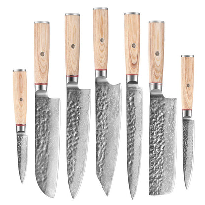 damascus steel japanese chef knife set on white background