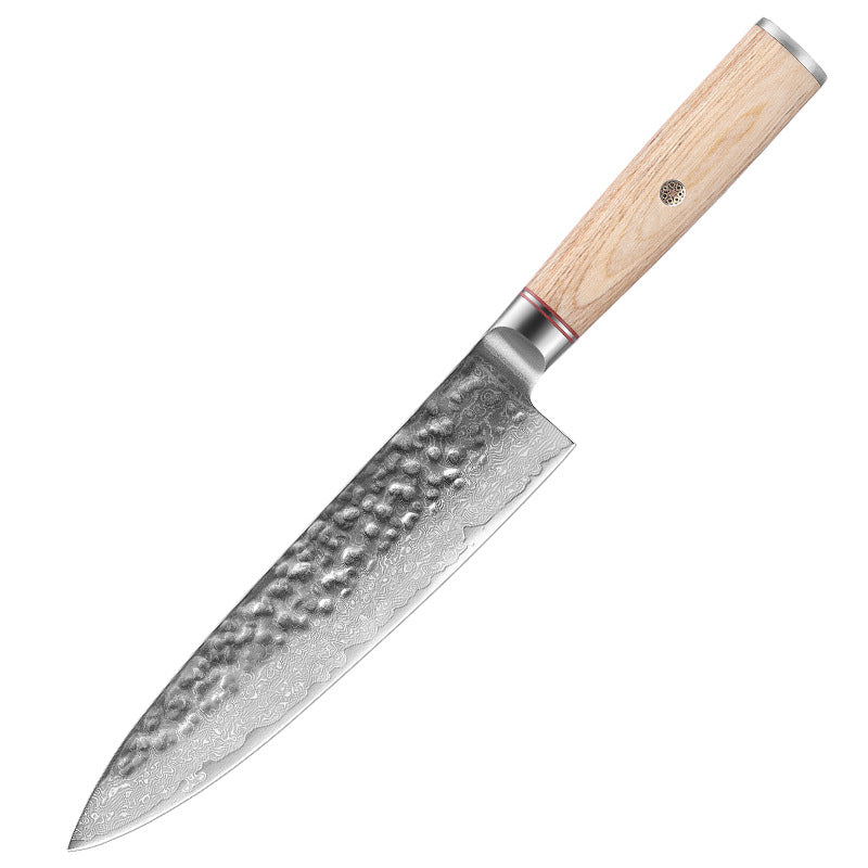 damascus steel chef knife from japanese knife set on white background