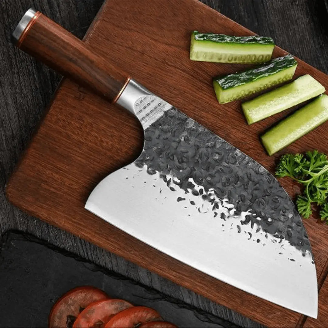 hand-forged knife set butcher cleaver knife on a cutting board