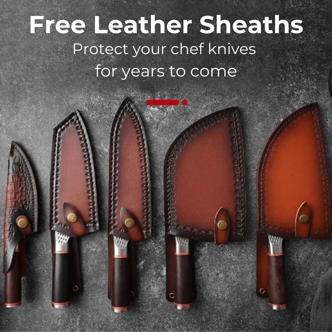 hand-forged knife set leather sheaths