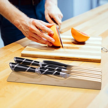 wooden kitchen knife block organizer on the counter top