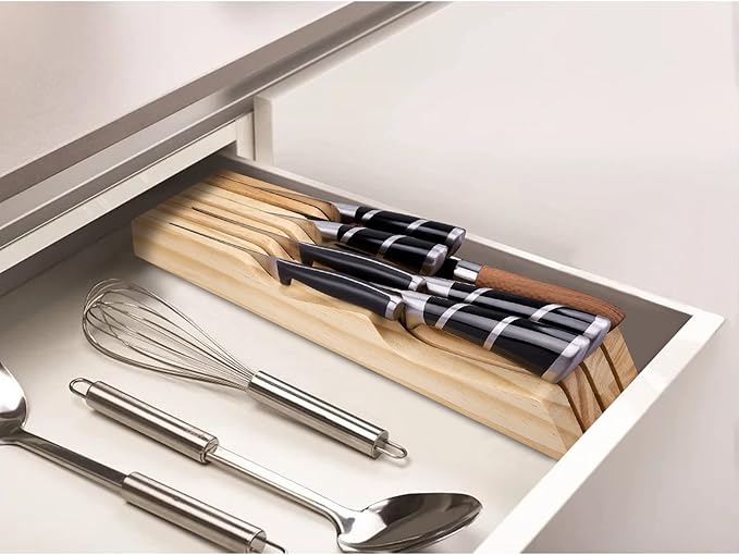 wooden kitchen knife organizer block in the drawer